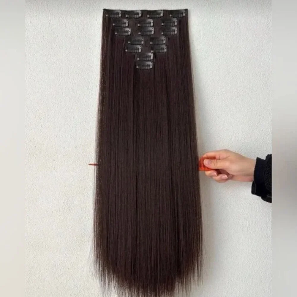 Human Hair Blend Clip-In Extensions | Long Straight Silky Hair | Dark Brown #3